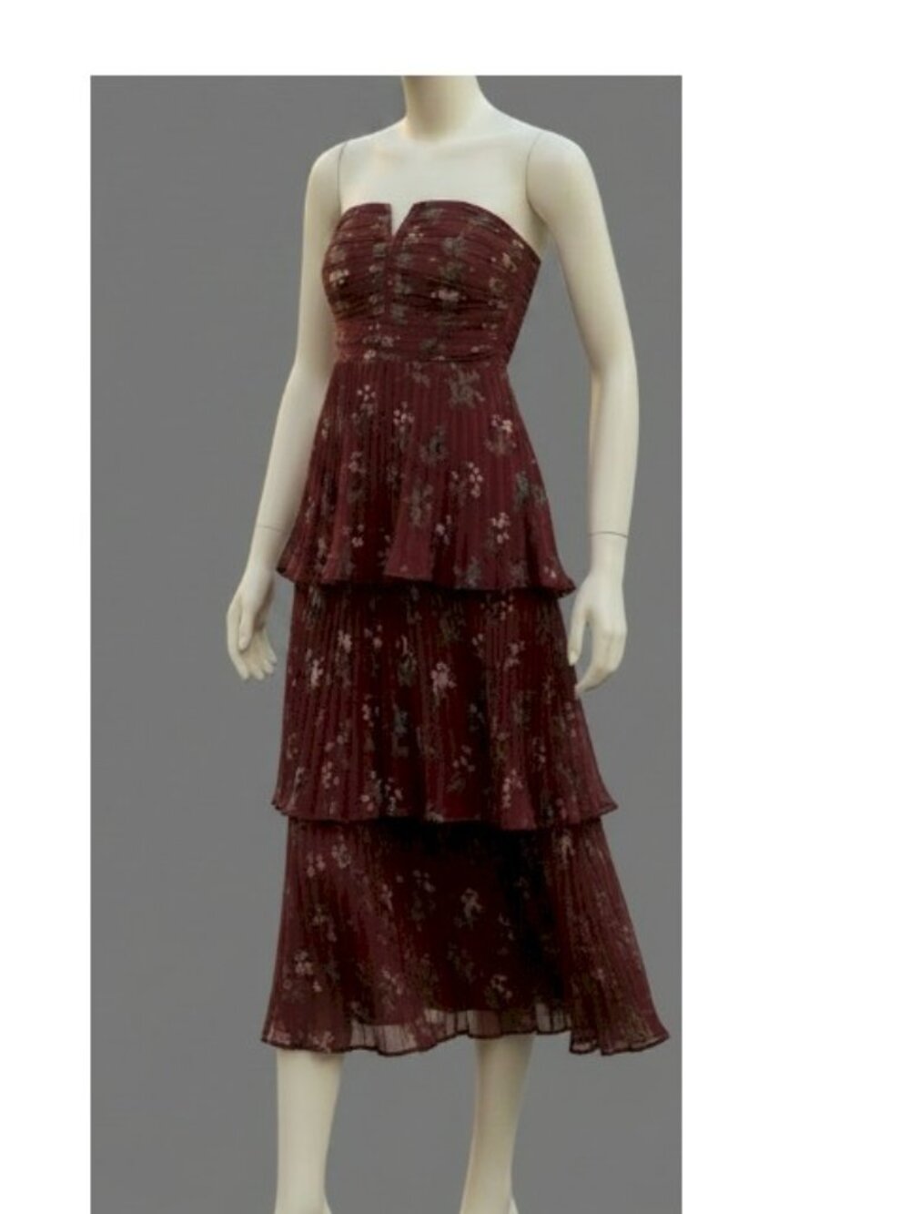 Lulus Hadelyn Burgundy Floral Pleated Tiered Midi Dress Size Small NWT - Picture 3 of 11